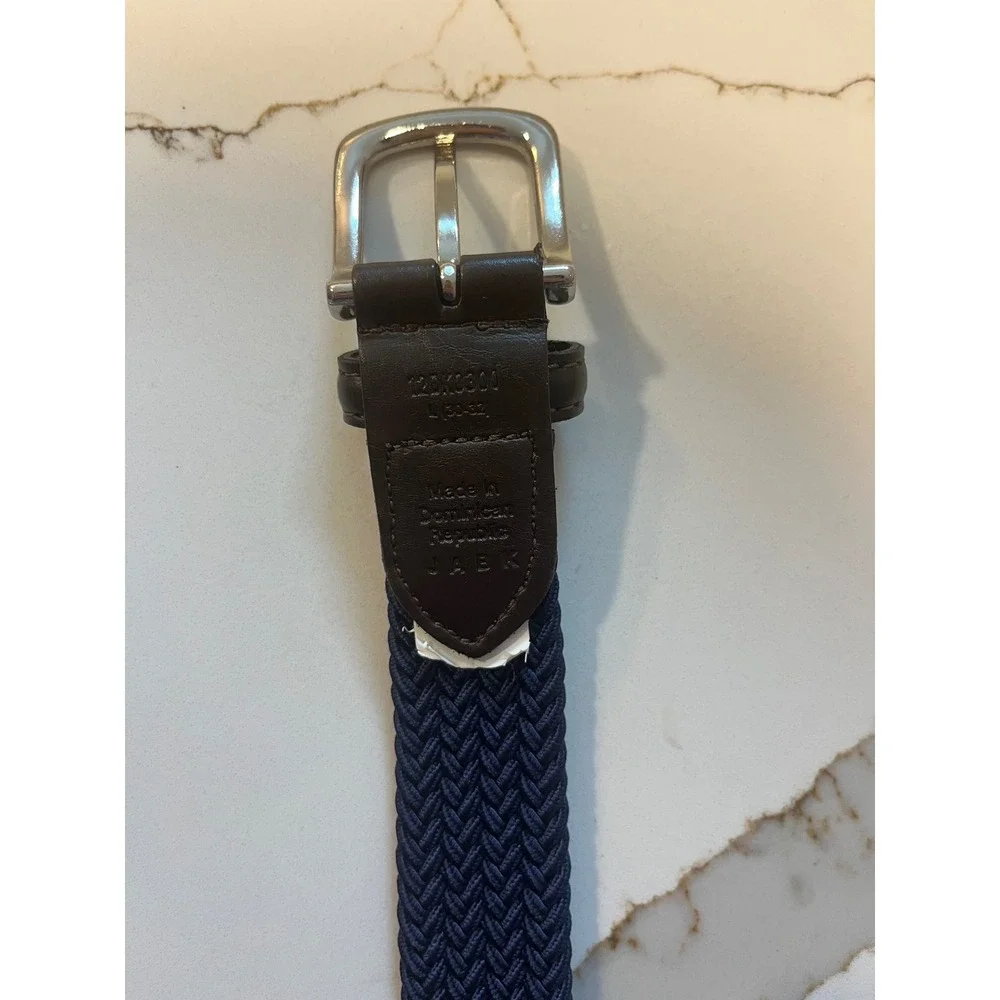 Jos A Bank Mens Navy Blue Braided Stretch Belt Brown Leather Trim Size L 30-32